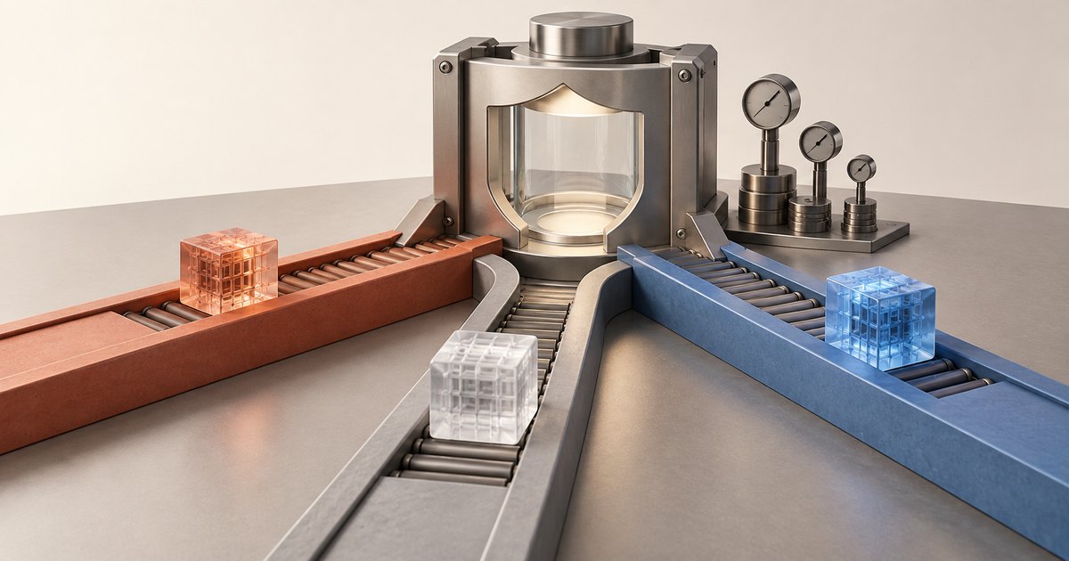 Editorial illustration: Orange, clear, and blue lattice cubes sit on three conveyors converging toward a metal chamber with a shield-shaped window. Three gauges stand beside it.