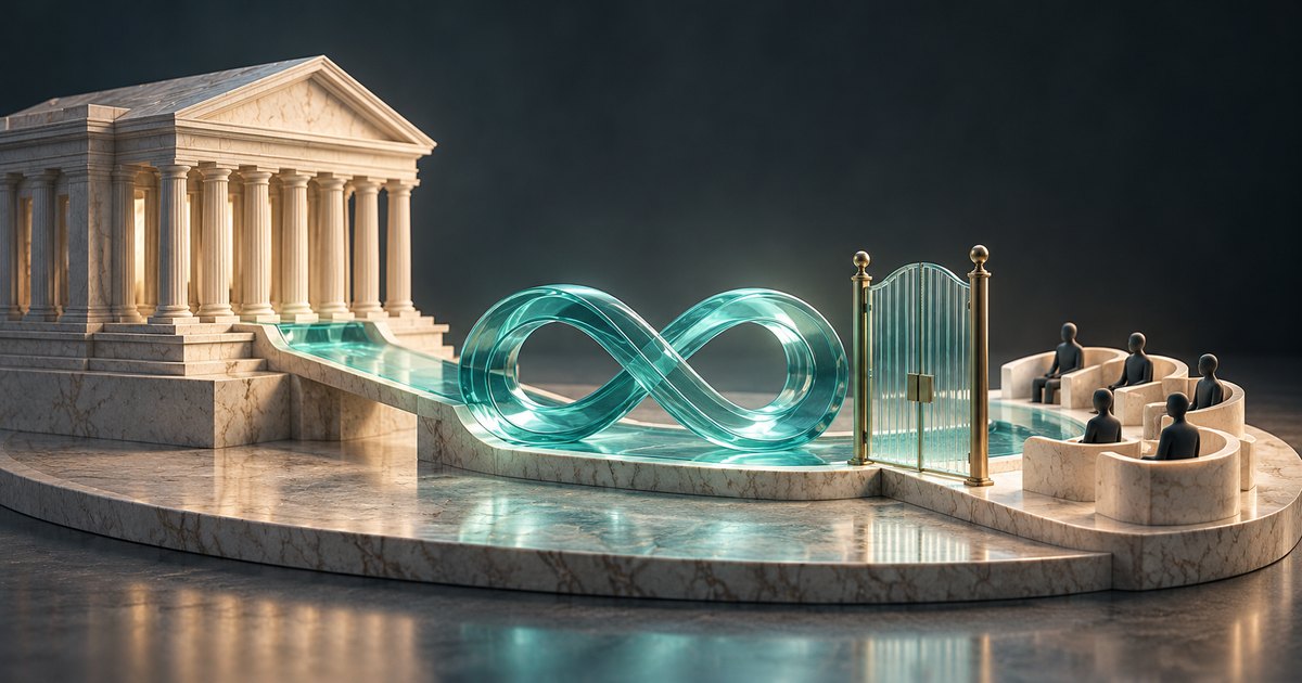 Editorial illustration: A marble exchange-style building connects to a turquoise glass infinity loop, with a closed gold-framed gate separating the channel from seated figures in curved marble booths.