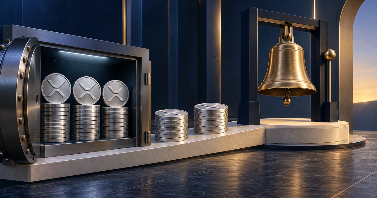 Editorial illustration: Silver coins bearing XRP symbols are stacked inside an open vault and on a stone platform beside a large brass bell, against a dark blue interior.