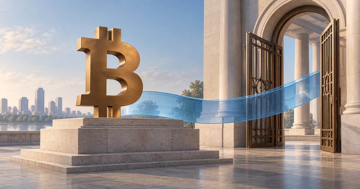 Editorial illustration: A gold Bitcoin symbol stands on a stone pedestal, with a translucent blue ribbon extending through open gates in a columned building.