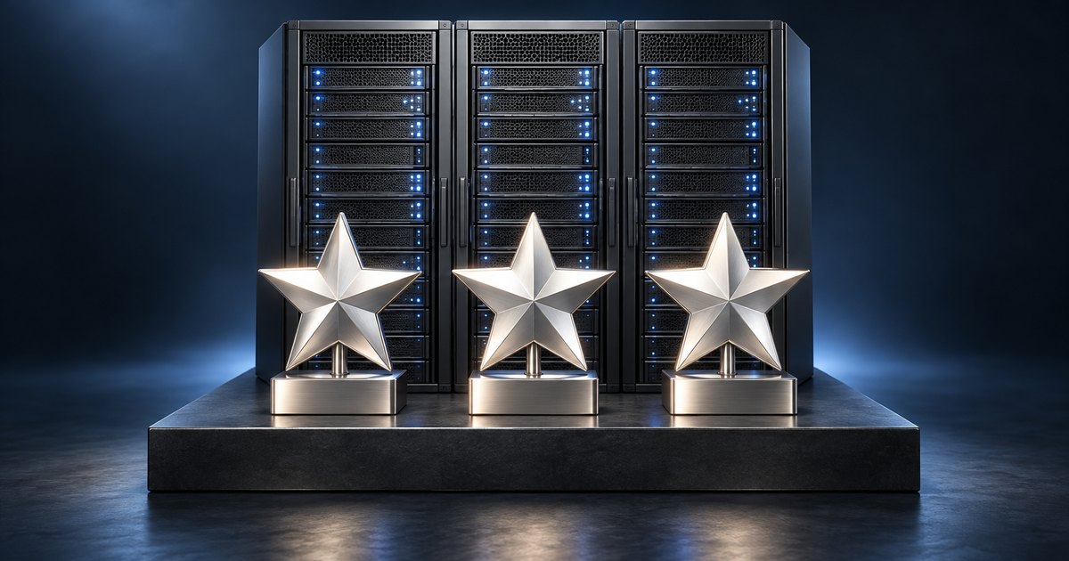 Editorial illustration: Three silver star trophies stand on a dark platform in front of three server racks with blue indicator lights.
