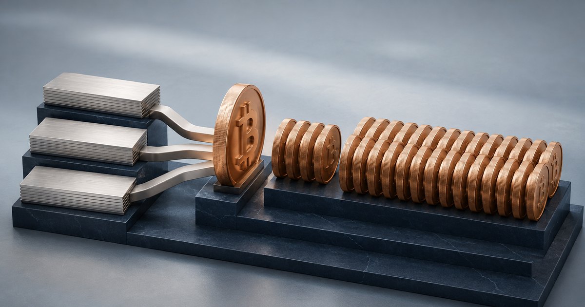 Editorial illustration: Three stacks of silver slabs connect by metal ribbons to a large copper-colored bitcoin coin, with rows of smaller coins on a dark stepped platform.