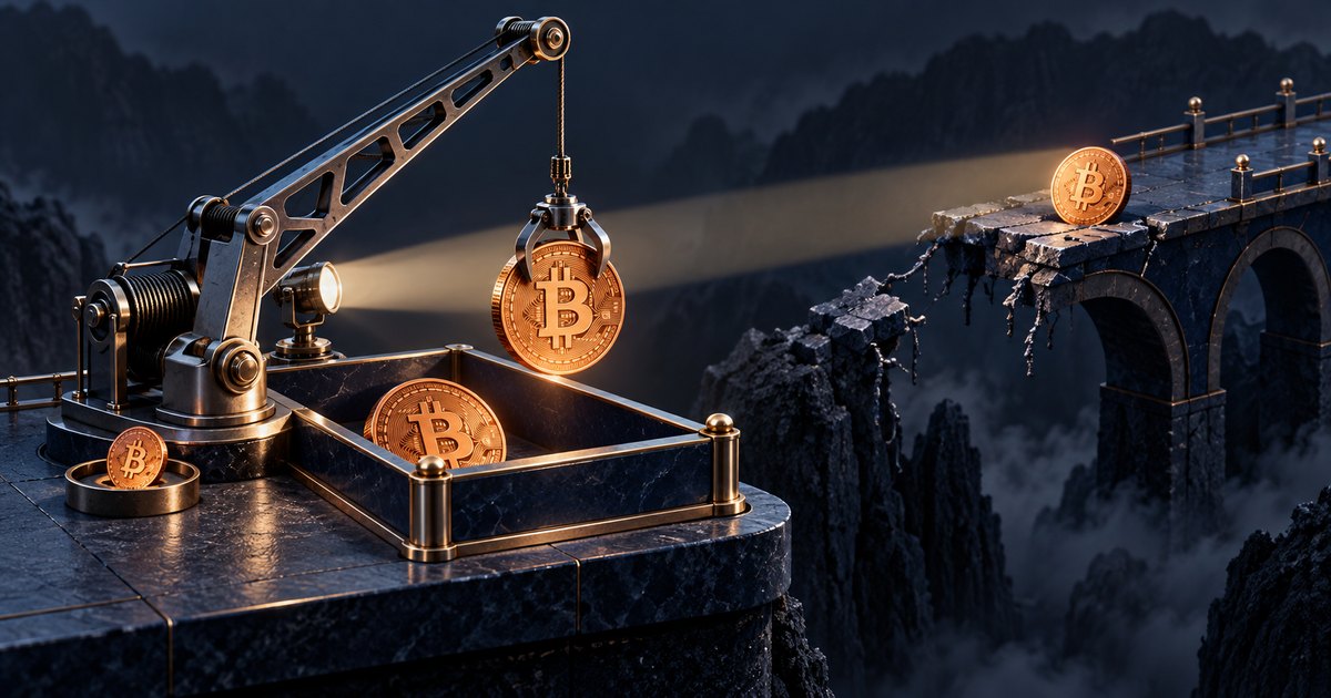Editorial illustration: A crane lifts a Bitcoin coin above a collection enclosure beside a broken stone bridge. A spotlight illuminates another coin across the gap over a misty mountain chasm.