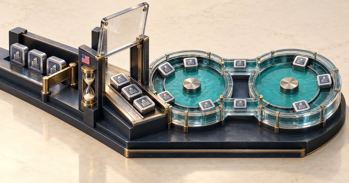 Editorial illustration: Building-emblem tokens pass through an open transparent gate beside a US flag and hourglass toward two connected circular turquoise pools, enclosed by glass rails on a dark metallic platform.
