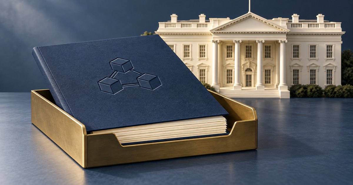 Editorial illustration: A navy document folder embossed with connected cubes rests in a brass inbox, with a miniature White House behind it against a dark blue background.