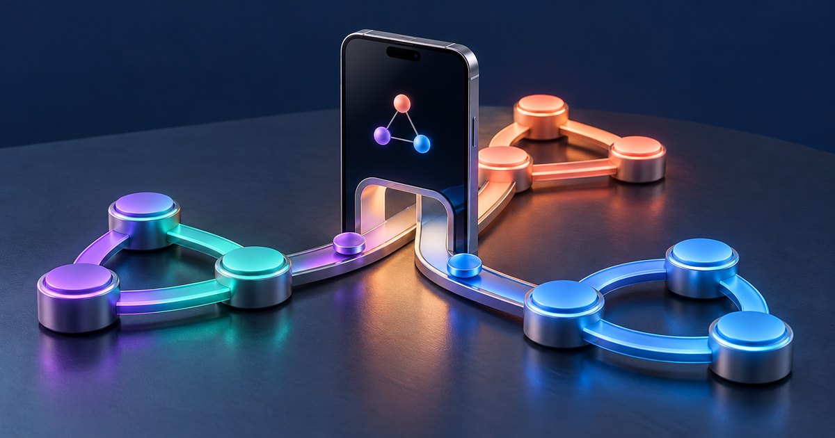 Editorial illustration: A smartphone stands amid purple, teal, blue and orange connected nodes, with glowing paths passing through an arch at the phone’s base.