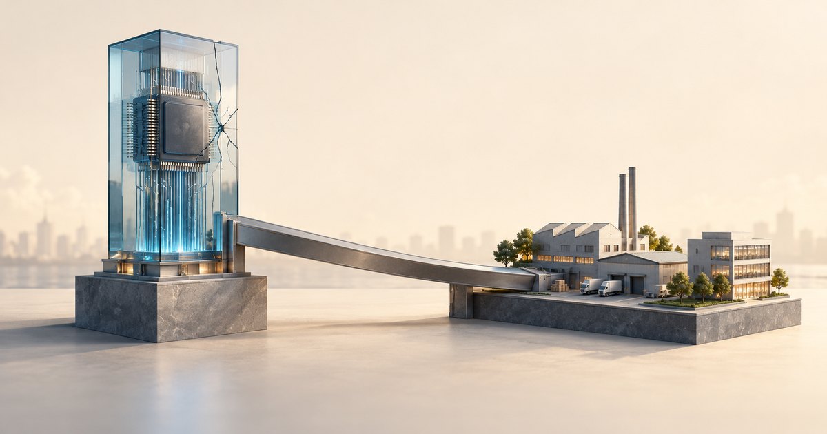 Editorial illustration: A microchip stands inside a cracked blue glass tower connected by a descending metal bridge to factories, trucks and an office building.