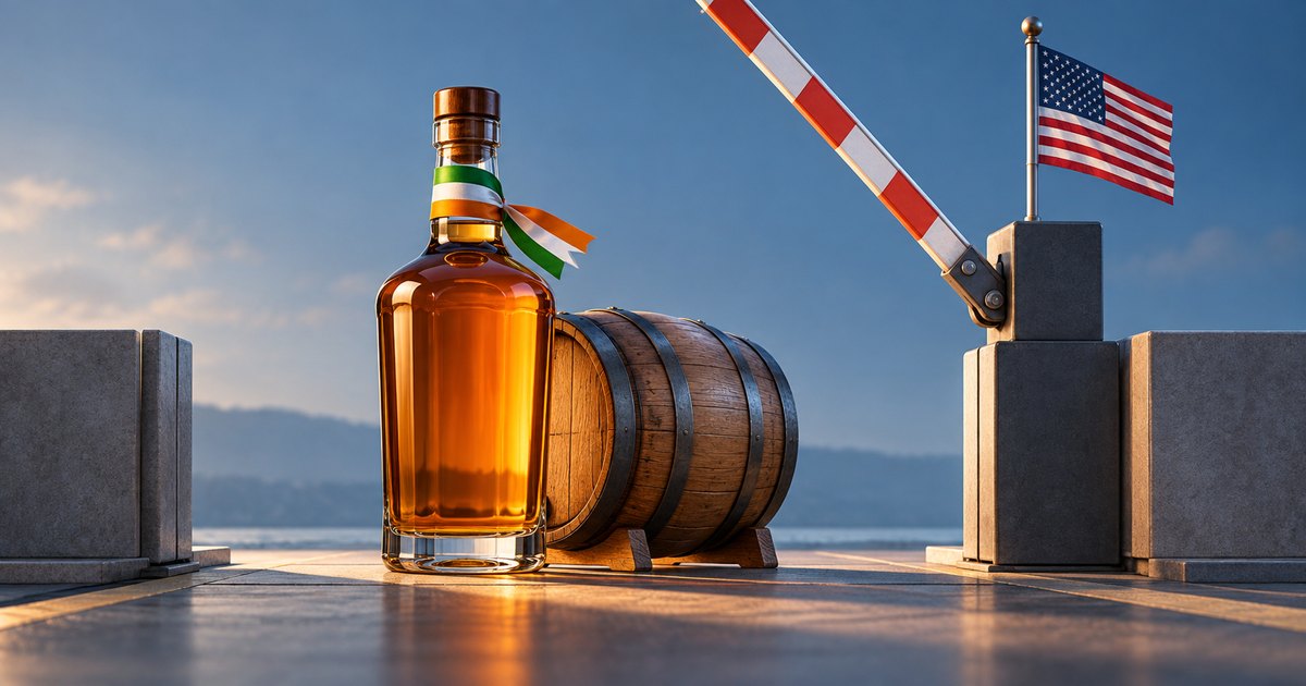 Editorial illustration: An amber whiskey bottle with an Irish tricolor ribbon stands beside a wooden barrel beneath a raised red-and-white barrier and a US flag.