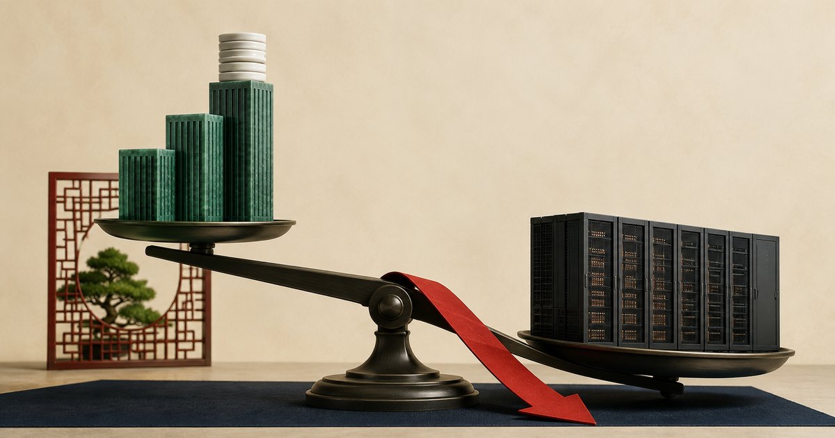 Editorial illustration: A balance scale tips toward black server racks opposite ascending green columns topped with coins. A red arrow points downward, with decorative latticework and a small tree behind the scale.
