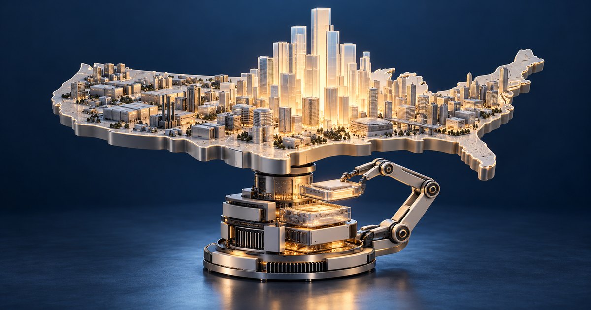 Editorial illustration: A metallic US-shaped platform covered with miniature buildings rests on a glowing computing machine. A robotic arm reaches toward its components beneath a cluster of tall, illuminated skyscrapers.