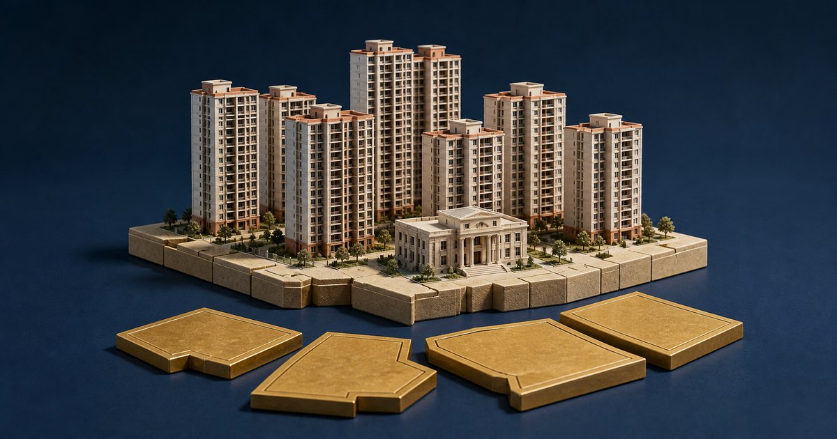 Editorial illustration: Miniature apartment towers and a columned civic-style building sit on a segmented stone platform, with four detached gold-colored parcels in the foreground against a dark blue background.