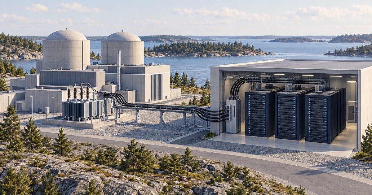 Editorial illustration: Thick power cables connect a nuclear power plant with two domed buildings to rows of server racks in a cutaway hall, beside rocky, forested shores and blue water.