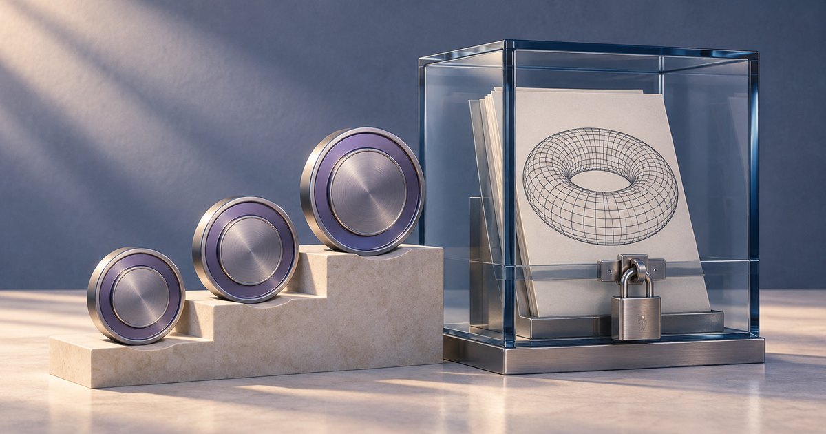 Editorial illustration: Three metallic tokens stand on ascending stone steps beside a locked glass case containing papers, including a wireframe drawing of a torus.