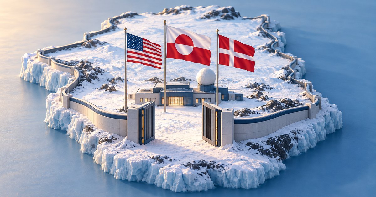 Editorial illustration: US, Greenlandic and Danish flags fly above a small facility with a radar dome on a snowy, rocky island surrounded by a wall with open gates.
