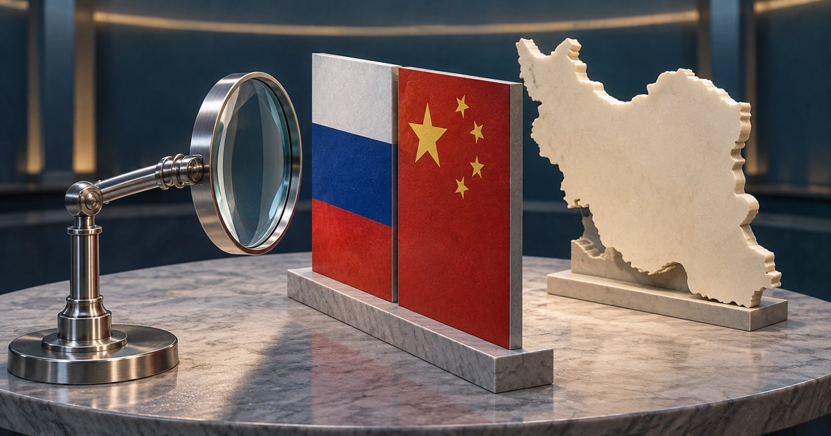 Editorial illustration: A standing magnifying glass faces upright Russian and Chinese flag panels, with a cream-colored silhouette of Iran behind them on a marble table.