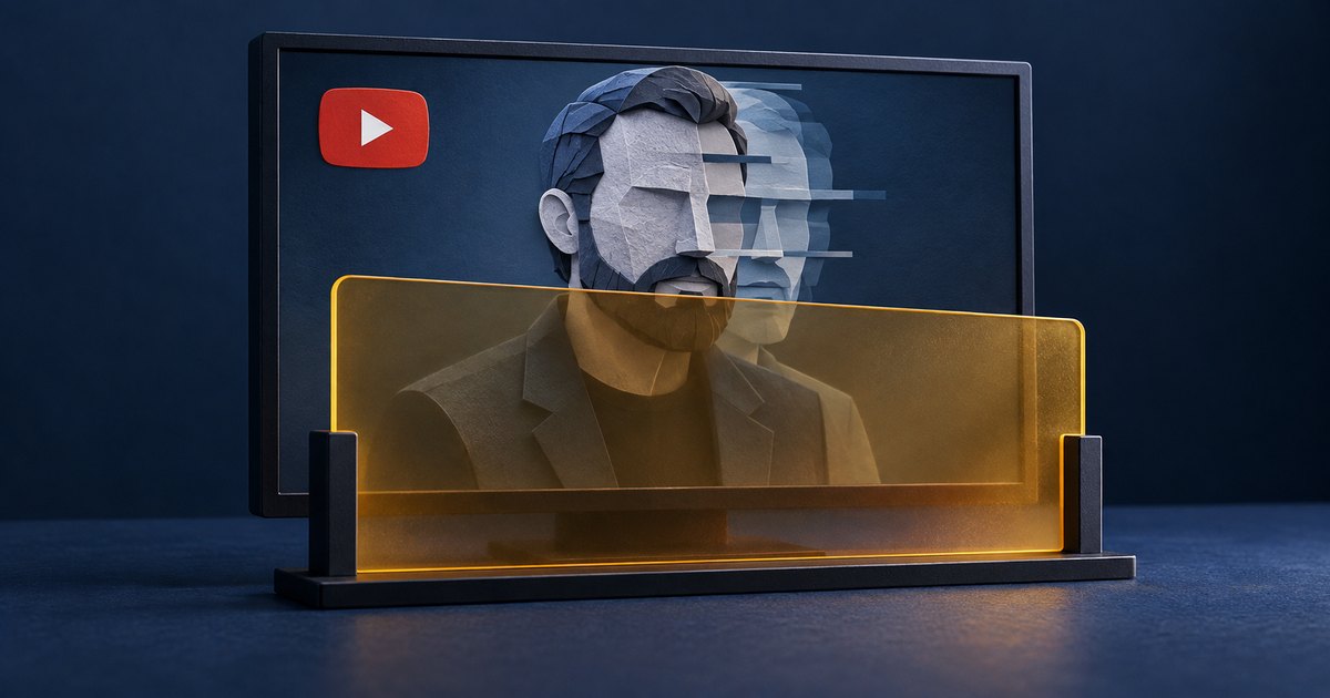 Editorial illustration: A screen bearing the YouTube play symbol displays a faceted bearded man with overlapping, displaced facial layers. A translucent amber barrier stands across the foreground.