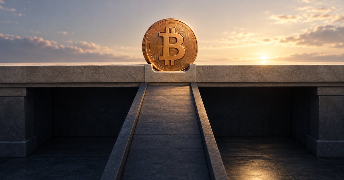 Editorial illustration: A gold Bitcoin coin stands at the top of a stone ramp where it meets a horizontal ledge, with warm sunlight breaking through clouds behind it.