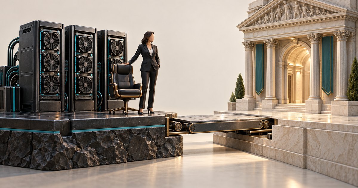 Editorial illustration: A woman in a dark suit stands beside an office chair and rows of mining equipment. A mechanical bridge connects their dark platform to a brightly lit, columned stone building.