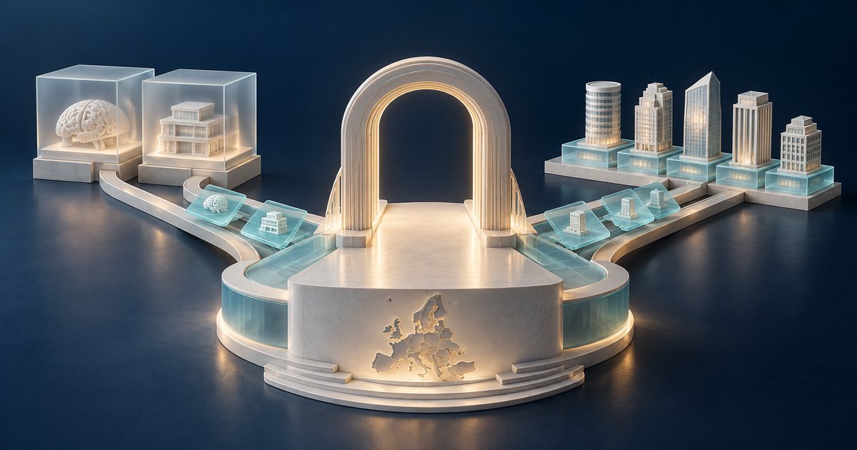 Editorial illustration: A glowing arch stands above a relief map of Europe. Curving glass tracks connect display cases containing a brain and a building on the left with miniature corporate towers on the right.