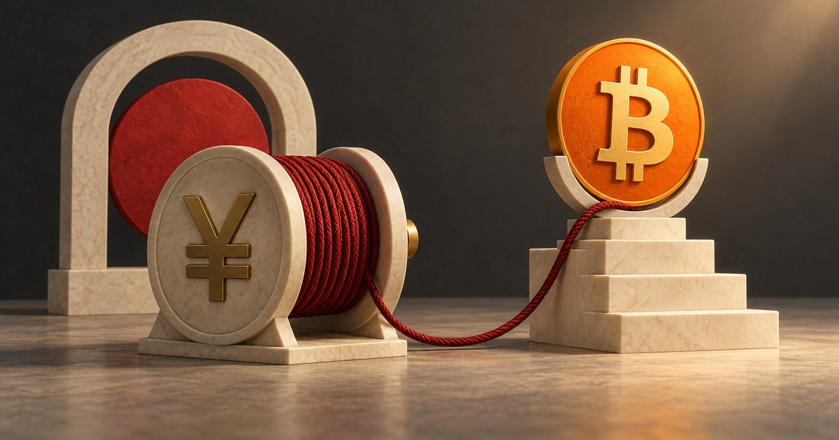 Editorial illustration: Red cord runs from a stone spool bearing a yen symbol to a gold Bitcoin coin on a stepped pedestal. A red disc within a stone arch stands behind the spool.