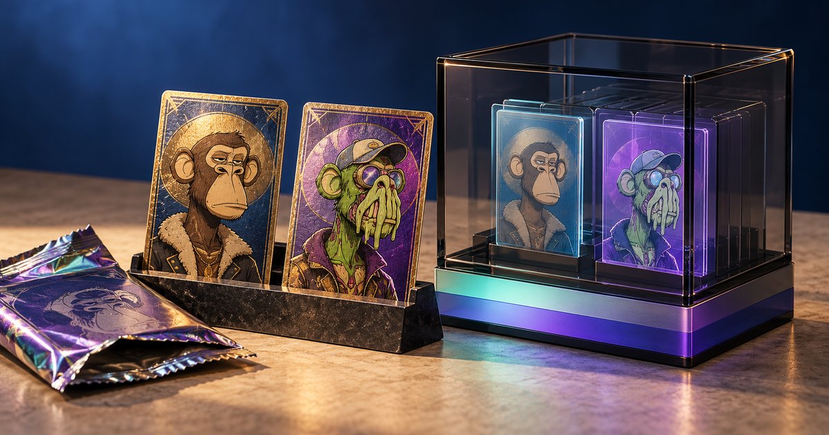 Editorial illustration: Two gold-edged trading cards depicting a brown ape and a green mutant ape stand beside foil packs and a glass display vault containing matching illuminated cards.