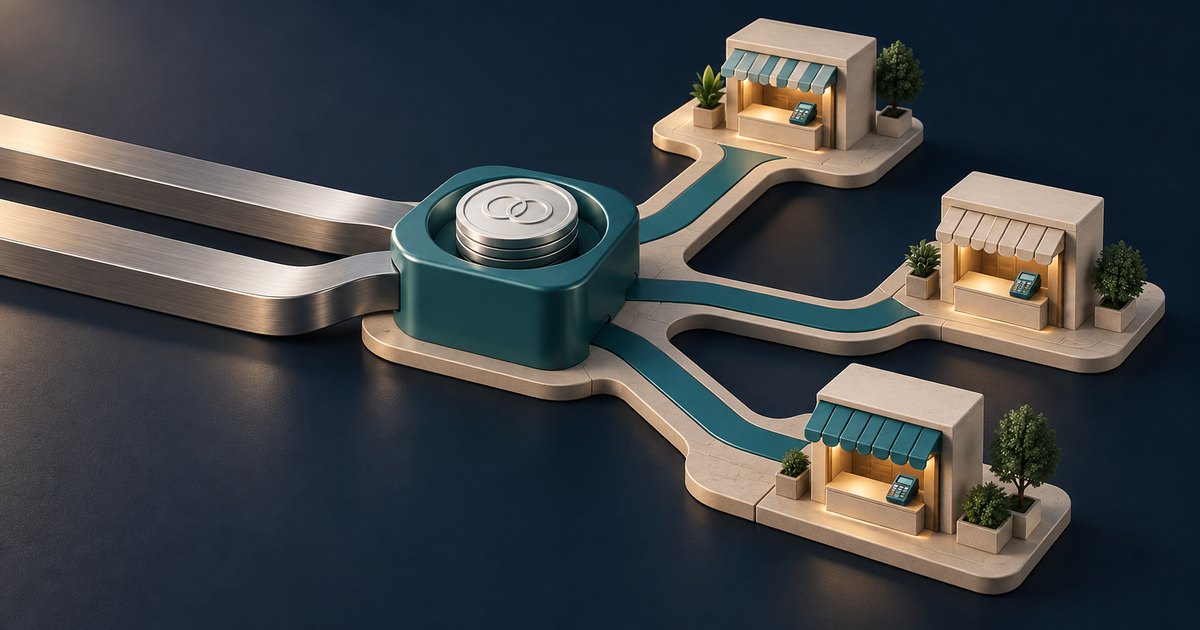 Editorial illustration: Broad metallic channels enter a teal hub holding stacked silver coins. Three branching teal paths connect the hub to miniature storefronts with awnings, payment terminals and potted plants against a dark background.