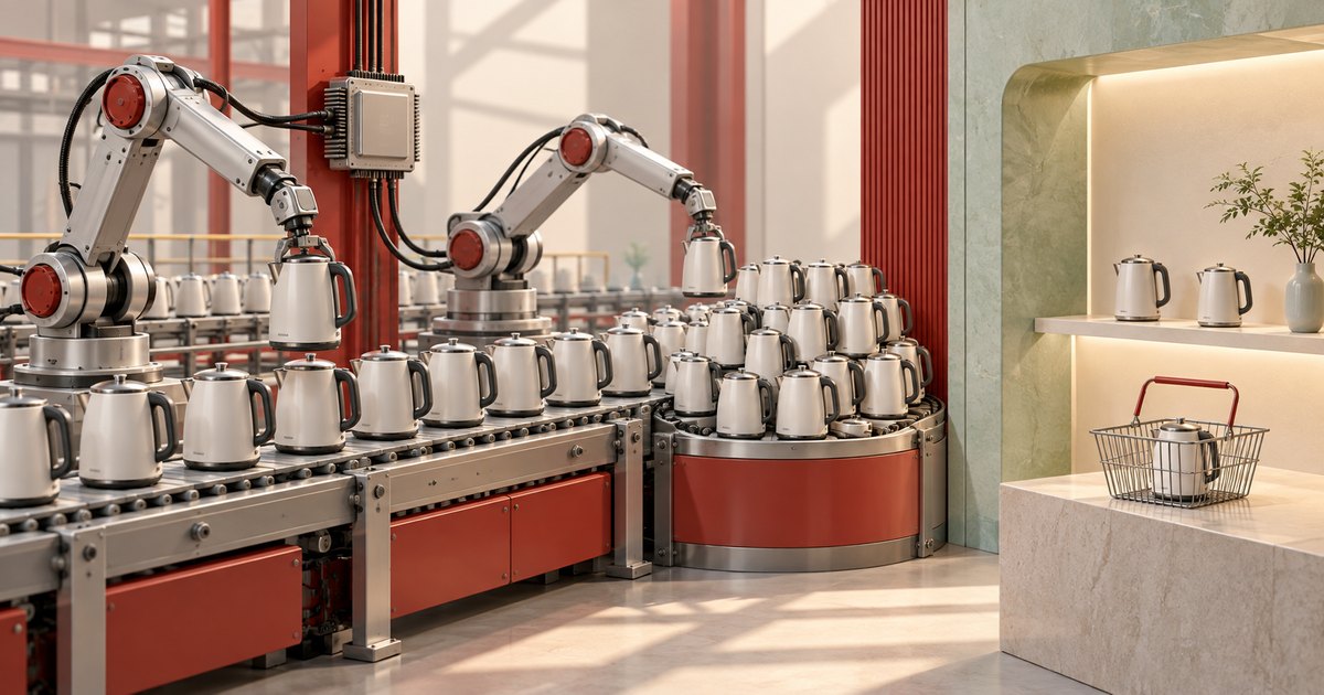 Editorial illustration: Two robotic arms handle kettles above crowded factory conveyors. Beside the production line, a softly lit retail display holds two kettles, with another kettle in a shopping basket below.