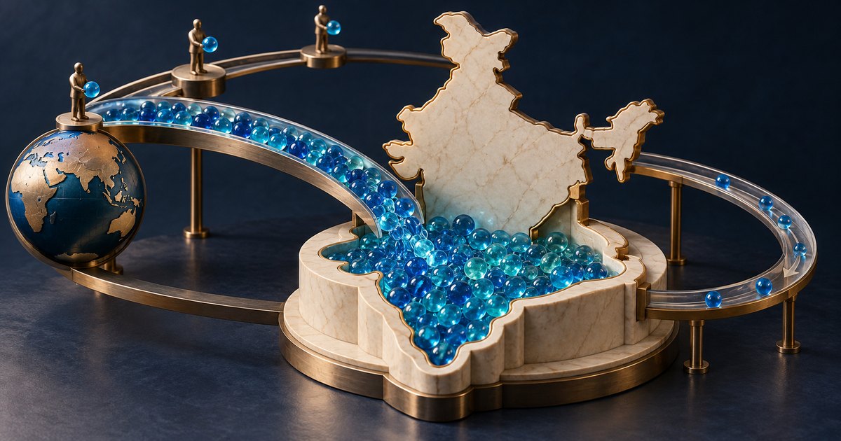 Editorial illustration: Blue glass spheres flow along a raised channel from a globe toward an India-shaped basin beneath an upright map of India. Three small gold figures hold spheres beside the channel, which loops around the basin.