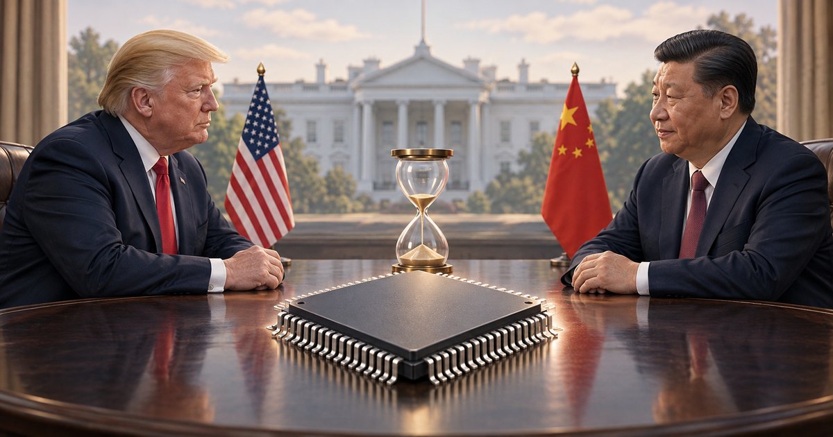 Editorial illustration: Donald Trump and Xi Jinping face each other across a polished table, with an oversized microchip and hourglass between them, American and Chinese flags behind them, and the White House in the background.